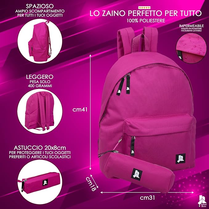 Zaino con Astuccio Coordinato – Impermeabile Leggero 41x31x18 cm in Poliestere – Zaino 24L Casual per Donna, Uomo, Ragazzi e Ragazze – Ideale per Scuola, Viaggi e Tempo Libero