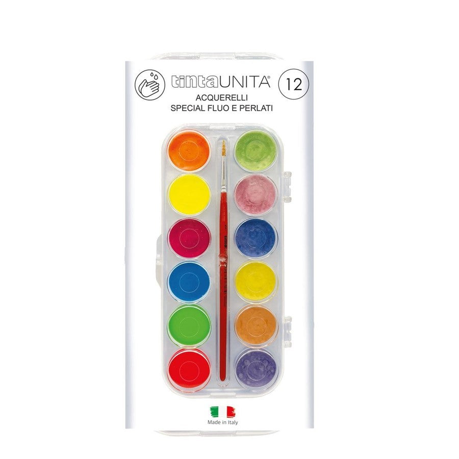 12 ACQUERELLI SPECIAL FLUO/PERLATI - TINTA UNITA