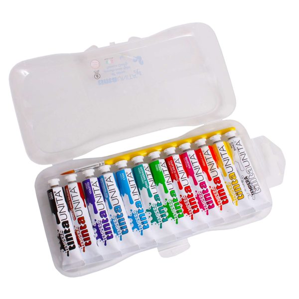 12-piece 12ml solid color tempera paints in a box with a closure and a brush.