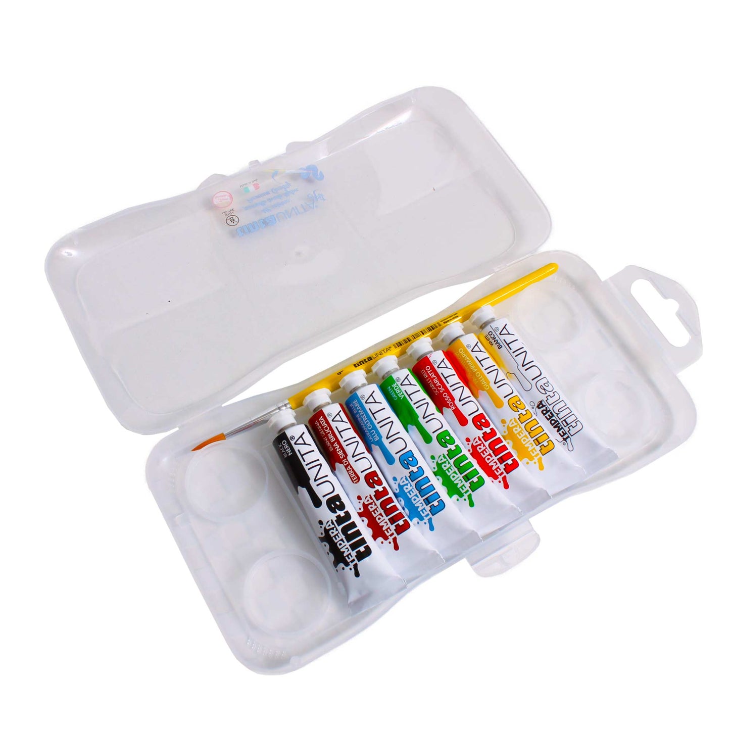 7-piece 12ml solid color tempera paints in a box with a closure and a brush.