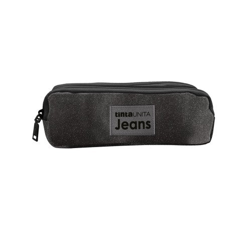 3-ZIP PENCIL CASE SOLID COLOR JEANS LAMINATED BLACK