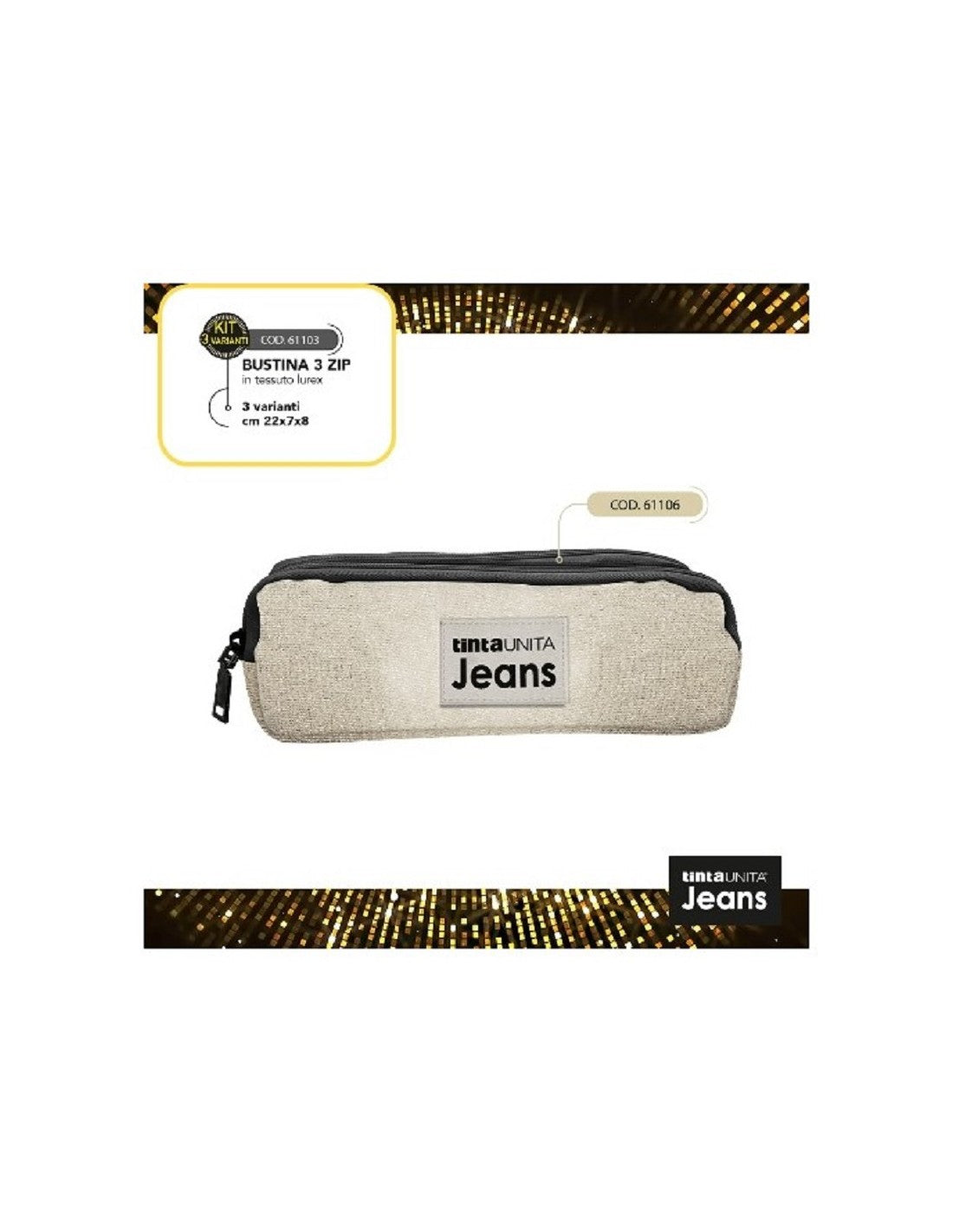 3-ZIP PENCIL CASE SOLID COLOR JEANS LAMINATED CHAMPAGNE GLITTER