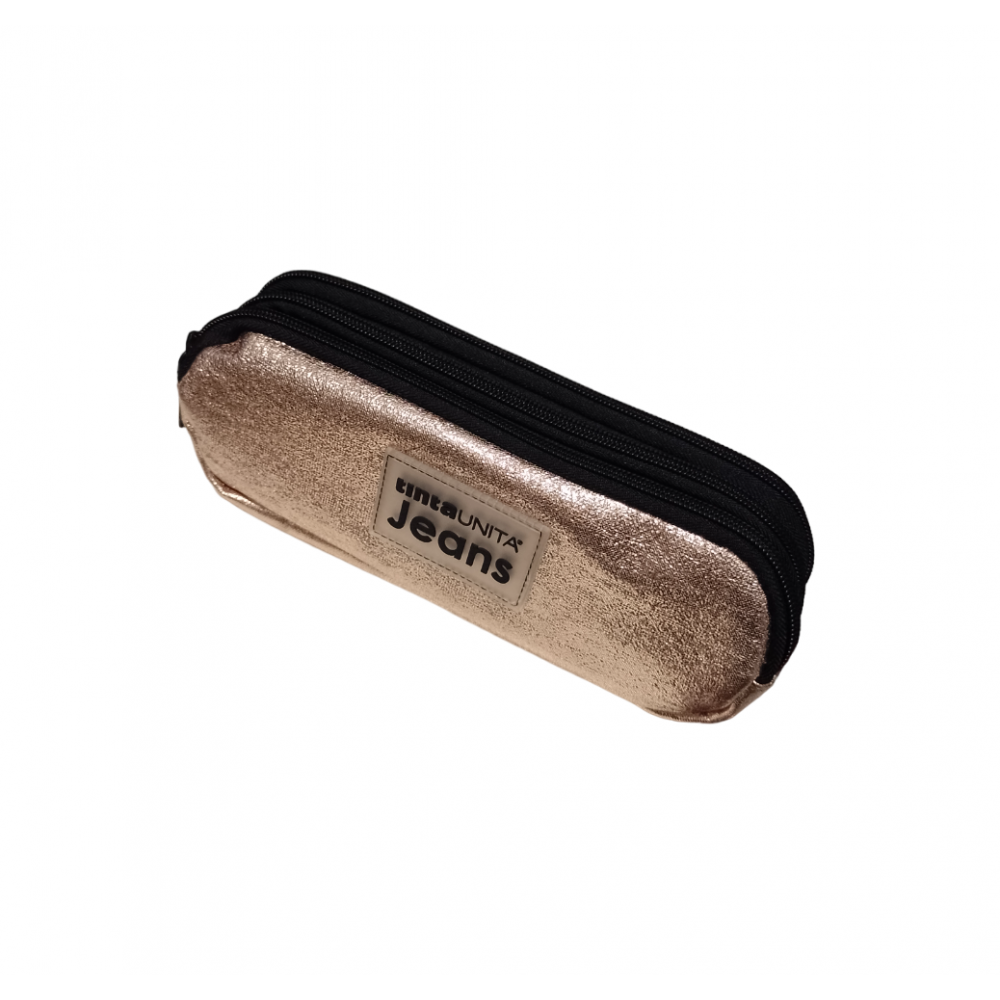 3-ZIP PENCIL CASE SOLID COLOR JEANS LAMINATED CHAMPAGNE GLITTER