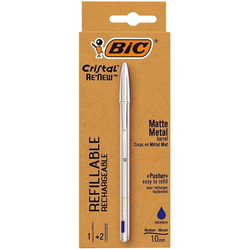 PENNA A SFERA RICARICABILE BLU - FUSTO IN METALLO + 2 REFILL - CRISTAL RE NEW - BIC