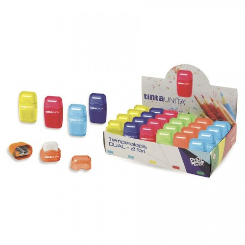 Temperamatite 2 fori in acciaio con contenitore + gomma da cancellare colori assorti - TINTA UNITA