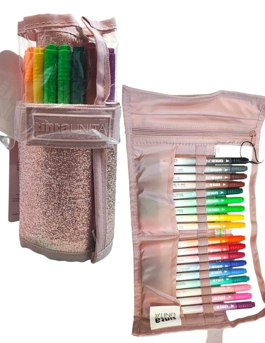 Astuccio Rotolo 18 Pennarelli Brush Teen Glamour - Rosa-Nero - Tinta Unita