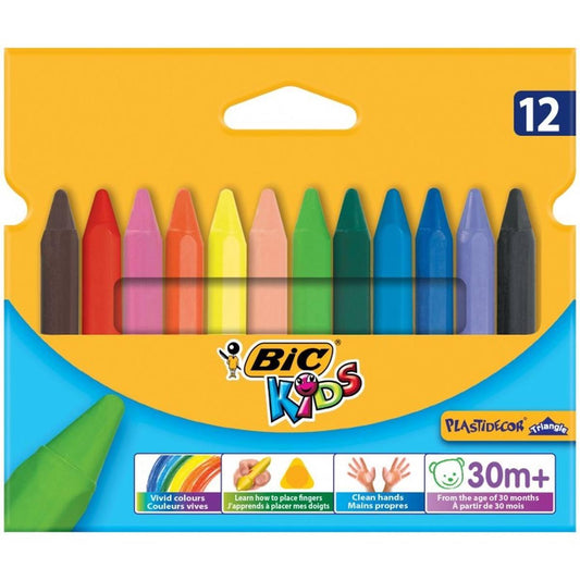 12 PASTELLI A CERA TRIANGOLARI JUMBO PLASTIDECOR KIDS - BIC