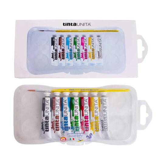 7-piece 12ml solid color tempera paints in a box with a closure and a brush.