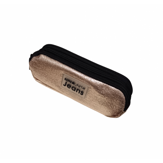 3-ZIP PENCIL CASE SOLID COLOR JEANS LAMINATED CHAMPAGNE GLITTER