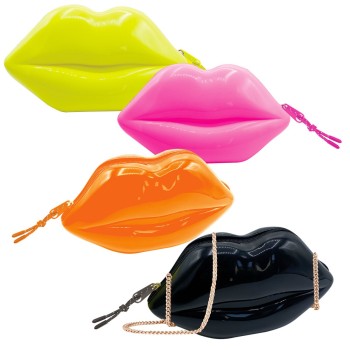 Borsa a forma di labbra Pouch Lip TintaUnita Fluo - PVC lucido e tracolla dorata