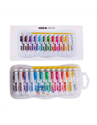 12-piece 12ml solid color tempera paints in a box with a closure and a brush.