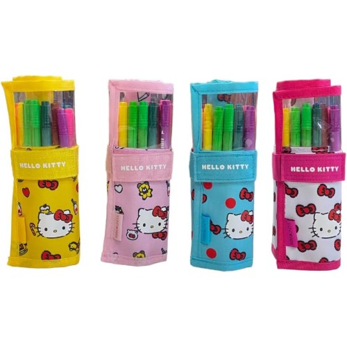 Brush Roll Pencil Case with 18 Hello Kitty Double-Tip Markers - TINTAUNITA
